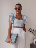 Tricou șic, plin, stratificat, mozaic, pentru femei, subțire, cu gât rotund, cu mâneci zburătoare, tricouri elegante de vară 2023 pentru femei