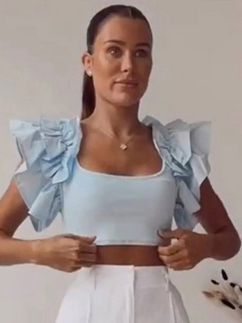 Κομψό γυναικείο μπλουζάκι με μασίφ στρώματα και λεπτή εφαρμογή με στρογγυλή λαιμόκοψη με ιπτάμενο μανίκι 2023 Καλοκαιρινή μόδα Γυναικεία κομψά μπλουζάκια