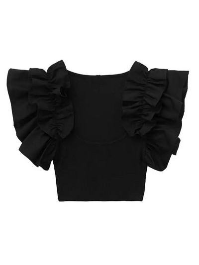 Tricou șic, plin, stratificat, mozaic, pentru femei, subțire, cu gât rotund, cu mâneci zburătoare, tricouri elegante de vară 2023 pentru femei