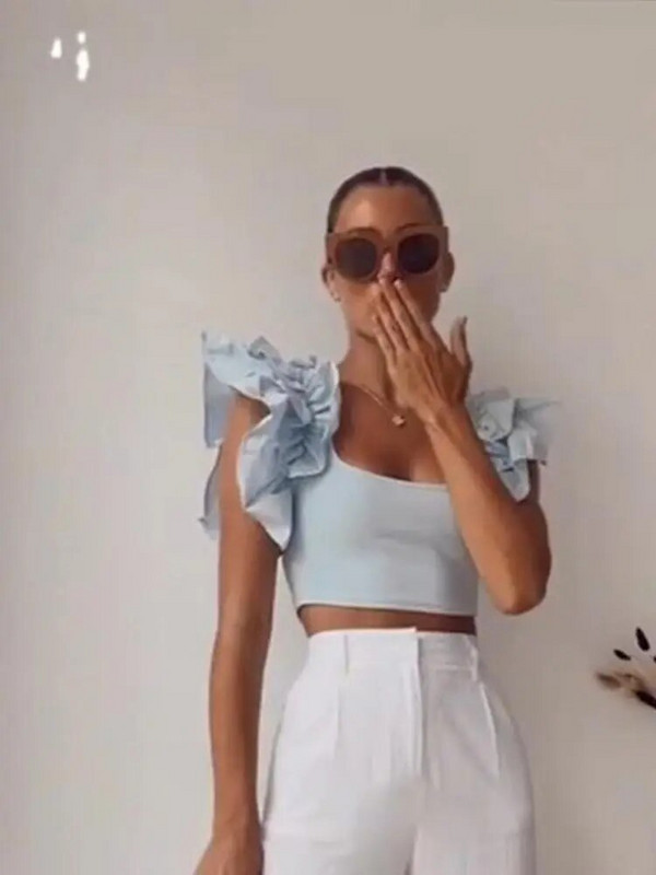 Tricou șic, plin, stratificat, mozaic, pentru femei, subțire, cu gât rotund, cu mâneci zburătoare, tricouri elegante de vară 2023 pentru femei