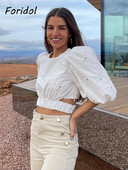 Foridol Flower Embriodery viduklis Seksīgi dobi, apgriezti topi Blūze Hlaf piedurknēm sānos rāvējslēdzējs Augstas modes Mujer apģērbs balts Blusa