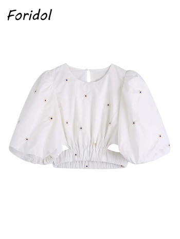 Foridol Flower Embriodery Waist Sexy Hollow Out Crop Tops Blouse Hlaf Slevee Side Zipper High Fashion Mujer Clothing White Blusa