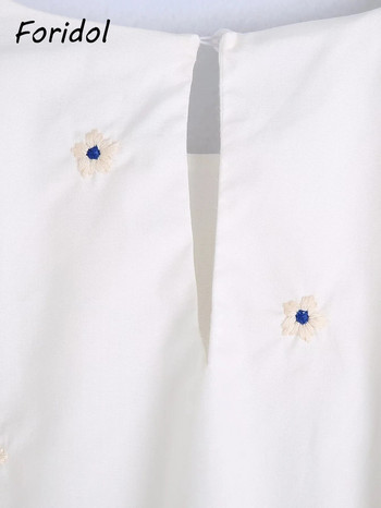 Foridol Λουλούδι Κέντημα Μέση Σέξι Κοίλο Μπλούζα Μπλούζα Hlaf Φερμουάρ στο πλάι με μανίκια Υψηλή μόδα Mujer Ρούχα Λευκή Blusa