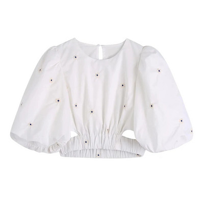 Foridol Flower Embriodery viduklis Seksīgi dobi, apgriezti topi Blūze Hlaf piedurknēm sānos rāvējslēdzējs Augstas modes Mujer apģērbs balts Blusa