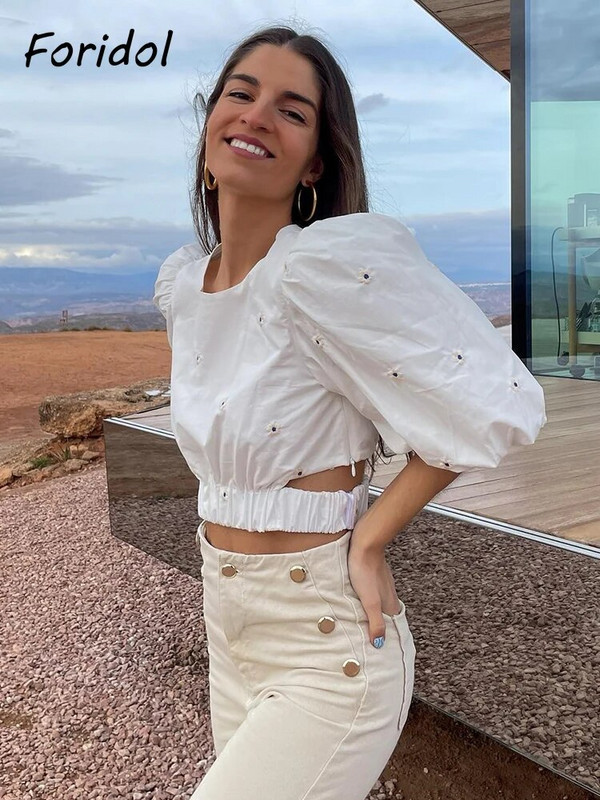 Foridol Flower Embriodery viduklis Seksīgi dobi, apgriezti topi Blūze Hlaf piedurknēm sānos rāvējslēdzējs Augstas modes Mujer apģērbs balts Blusa