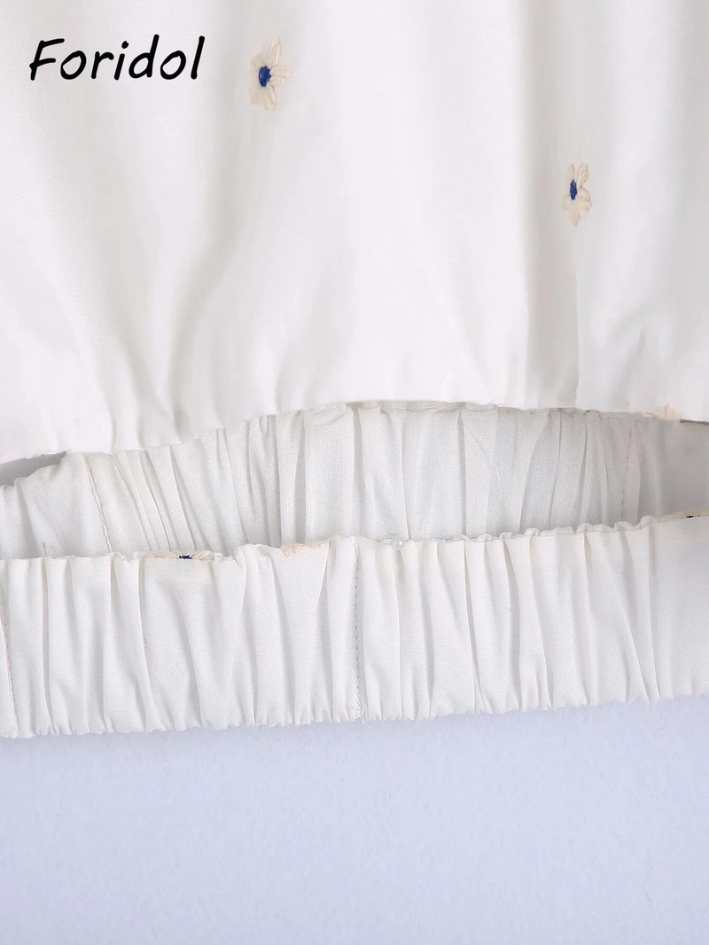 Foridol Flower Embriodery viduklis Seksīgi dobi, apgriezti topi Blūze Hlaf piedurknēm sānos rāvējslēdzējs Augstas modes Mujer apģērbs balts Blusa