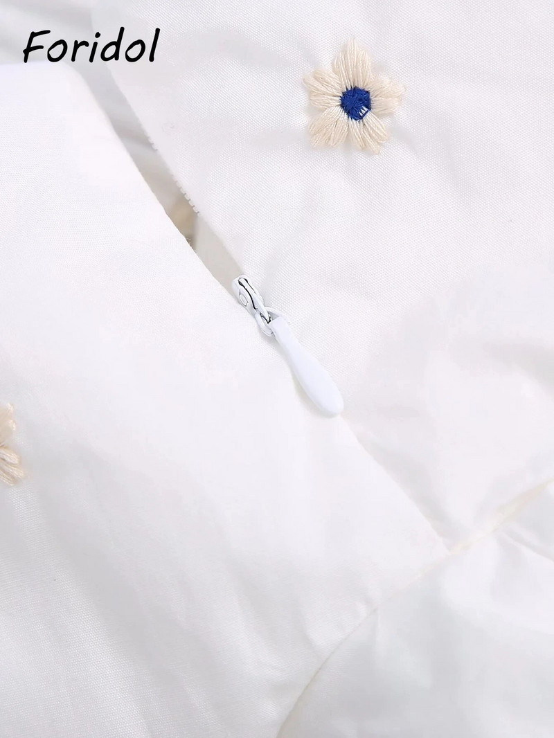 Foridol Flower Embriodery viduklis Seksīgi dobi, apgriezti topi Blūze Hlaf piedurknēm sānos rāvējslēdzējs Augstas modes Mujer apģērbs balts Blusa