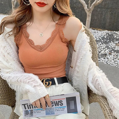 Naiste V-kaelusega pitsist rihmad kootud triibuline camisole soliidne suvine T-särk Vest korsett Crop top naiste