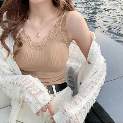 Naiste V-kaelusega pitsist rihmad kootud triibuline camisole soliidne suvine T-särk Vest korsett Crop top naiste