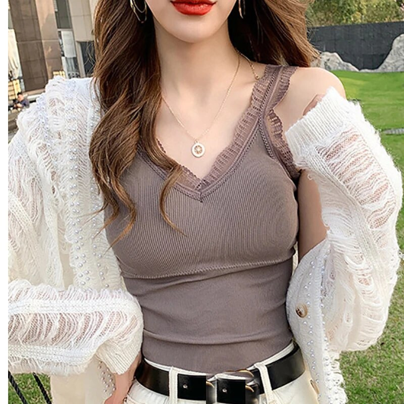 Naiste V-kaelusega pitsist rihmad kootud triibuline camisole soliidne suvine T-särk Vest korsett Crop top naiste