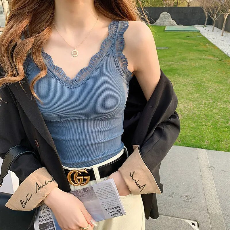 Naiste V-kaelusega pitsist rihmad kootud triibuline camisole soliidne suvine T-särk Vest korsett Crop top naiste