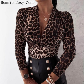 Дамски есенни топове и блузи с V-образно деколте и дълги ръкави с леопардов принт с гепард