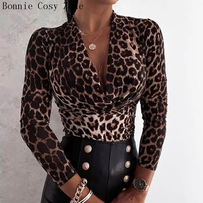 Ženske jesenske majice i bluze s leopard uzorkom geparda i dugih rukava s V-izrezom