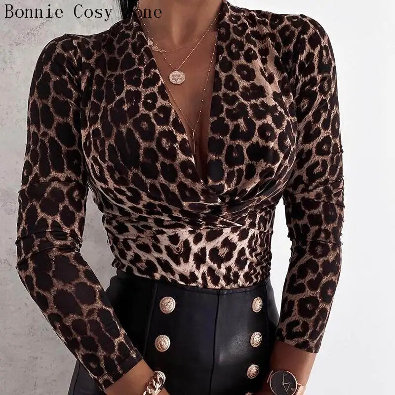 Ženske jesenske majice i bluze s leopard uzorkom geparda i dugih rukava s V-izrezom