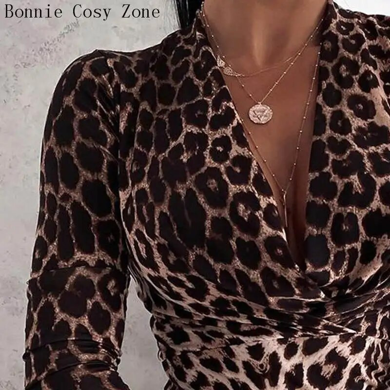 Ženske jesenske majice i bluze s leopard uzorkom geparda i dugih rukava s V-izrezom