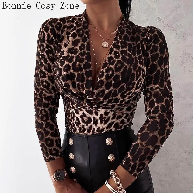 Ženske jesenske majice i bluze s leopard uzorkom geparda i dugih rukava s V-izrezom