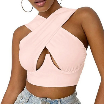 2021 Νέες γυναικείες μονόχρωμες κομμένες μπλούζες με λεπτή εφαρμογή, αμάνικο χιαστί γιλέκο για καλοκαιρινό λευκό/χακί/πορτοκαλί/ροζ/κλαρέ