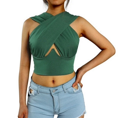 2021. Nove ženske jednobojne skraćene majice uskog kroja bez rukava s izdubljenim prekriženim rukavima za ljeto Bijela/kaki/narančasta/ružičasta/bordo