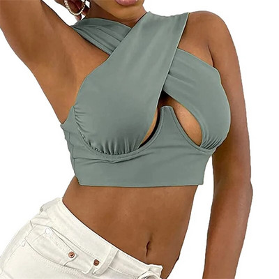 2021. Nove ženske jednobojne skraćene majice uskog kroja bez rukava s izdubljenim prekriženim rukavima za ljeto Bijela/kaki/narančasta/ružičasta/bordo