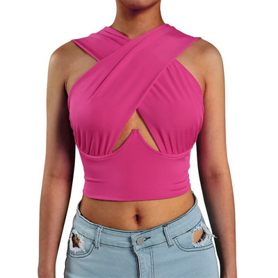 2021. Nove ženske jednobojne skraćene majice uskog kroja bez rukava s izdubljenim prekriženim rukavima za ljeto Bijela/kaki/narančasta/ružičasta/bordo