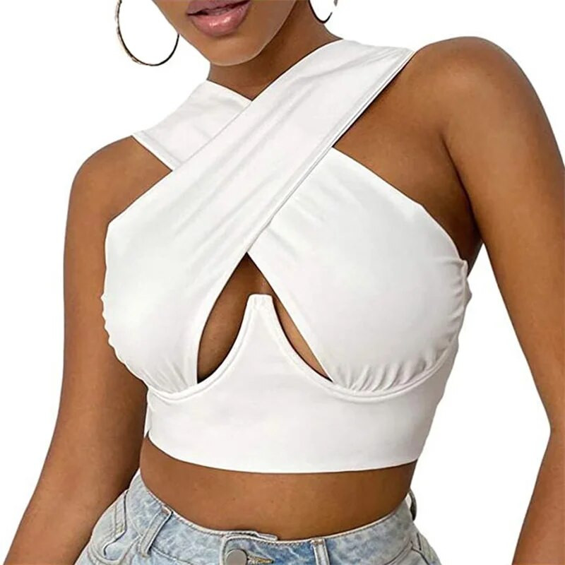 2021. Nove ženske jednobojne skraćene majice uskog kroja bez rukava s izdubljenim prekriženim rukavima za ljeto Bijela/kaki/narančasta/ružičasta/bordo