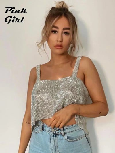 Shine Metallic Glitter Crop Top Női Zenei Fesztivál Rave Outfitek Nightclub Stílus Gyémántok Mellény Hátsó felsők Strass Fűző