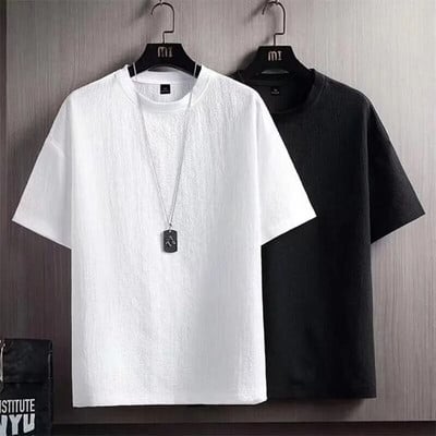 New Men`s Casual Short-Sleeved Summer Half-Sleeved Loose Fashion T-Shirt Base Shirt High Quality Polyester Solid Color T-Shirt