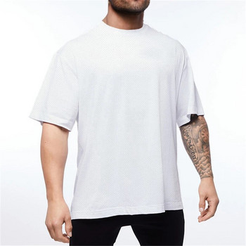 Υπερμεγέθη μπλουζάκι ανδρών Drop Shoulders Gym Bodybuilding Fitness Loose Hip-Hop T-shirt Quick Dry Mesh Streetwear Sports tshirt