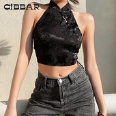 CIBBAR Kineski Vintage Crop Top Elegantne Jacquard Bandage majice s halterima bez leđa Ženski seksi gotički crni prsluk Ljeto y2k Chic