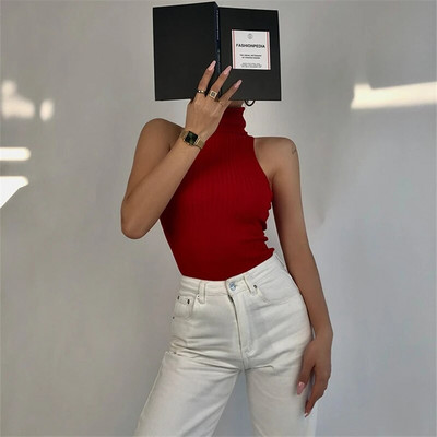 Ljetni prsluk s visokim ovratnikom Xingqing 2022. Ženska jednobojna pletena rebrasta uska majica bez rukava bez rukava y2k odjeća Ženska osnovna klupska odjeća