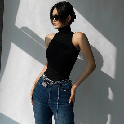 Ljetni prsluk s visokim ovratnikom Xingqing 2022. Ženska jednobojna pletena rebrasta uska majica bez rukava bez rukava y2k odjeća Ženska osnovna klupska odjeća