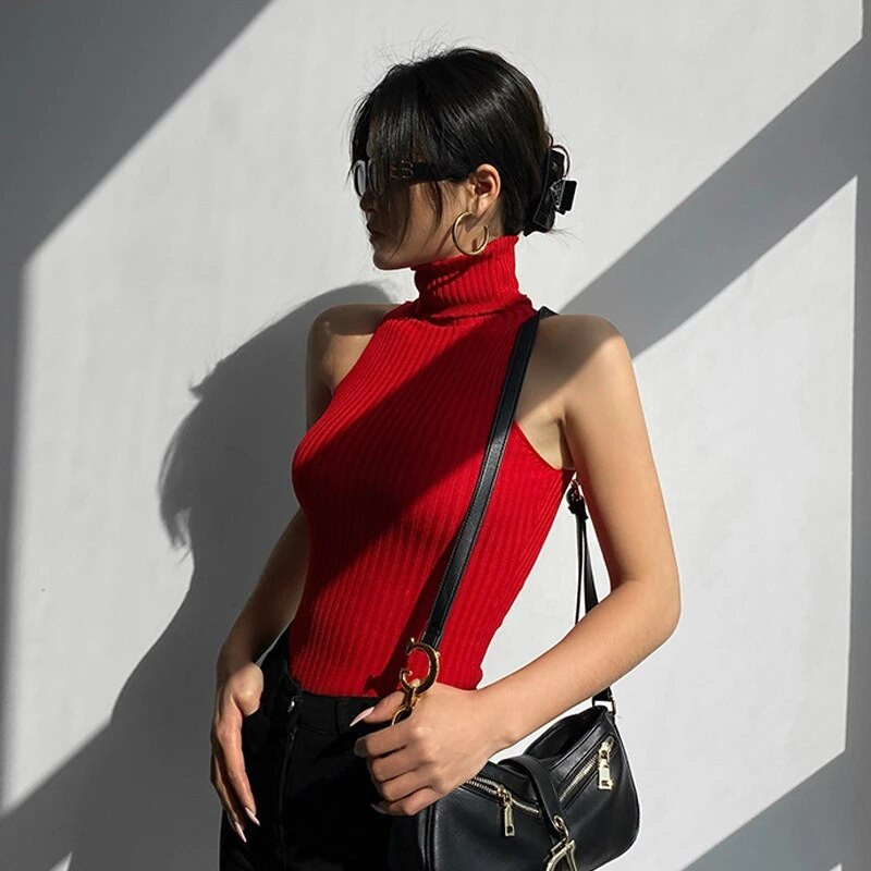 Ljetni prsluk s visokim ovratnikom Xingqing 2022. Ženska jednobojna pletena rebrasta uska majica bez rukava bez rukava y2k odjeća Ženska osnovna klupska odjeća