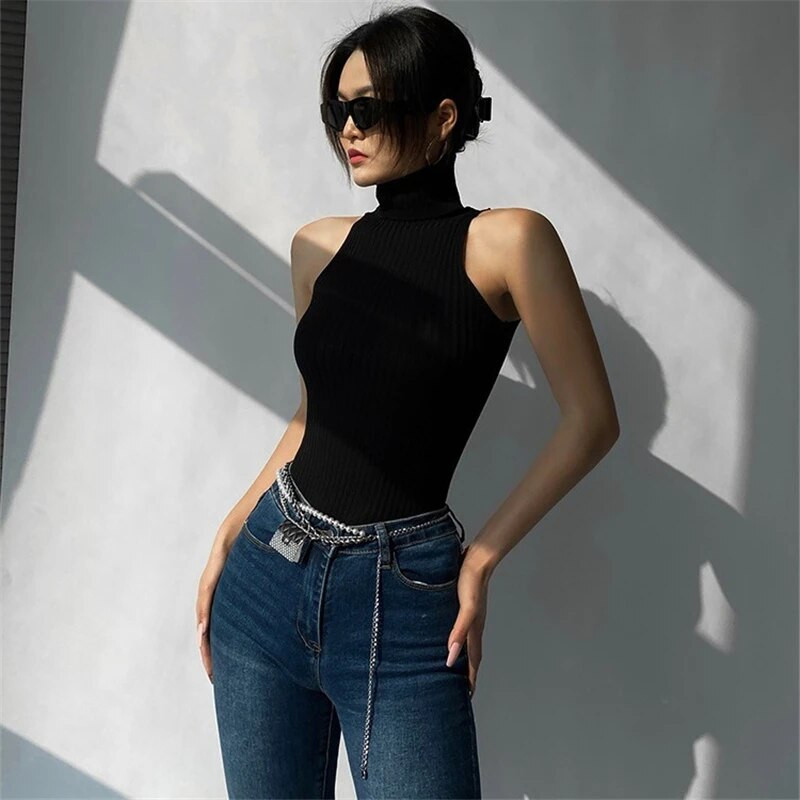 Ljetni prsluk s visokim ovratnikom Xingqing 2022. Ženska jednobojna pletena rebrasta uska majica bez rukava bez rukava y2k odjeća Ženska osnovna klupska odjeća