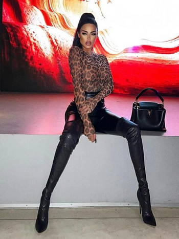 Ahagaga Fashion Club Секси дамски бодита с леопардови щампи Ежедневни тънки гащеризон с О-образно деколте Тениски Streetwear Горнища с цял ръкав
