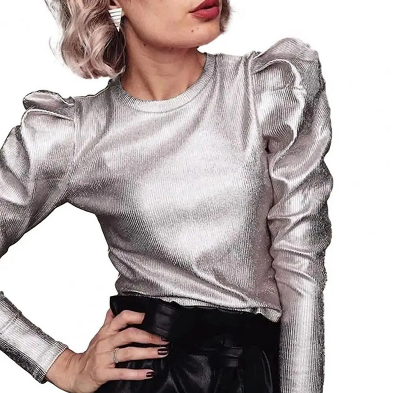 Aukštos kokybės moteriškos palaidinės Madingi moteriški punk stiliaus džemperiai ilgomis rankovėmis, vienspalviai rožinės spalvos aukso sidabro laisvalaikio palaidinės pavasariui