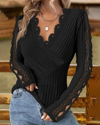Κομψές γυναικείες μπλούζες 2023 Φθινοπωρινή άνοιξη σέξι V-λαιμόκοψη μακρυμάνικο μπλουζάκι με γυναικεία ρούχα πουλόβερ