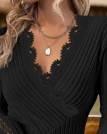 Елегантни блузи за жени 2023 Есен Пролет Секси V-образно деколте Дантелена кръпка Топ с дълъг ръкав Модни женски дрехи Тениски Пуловер