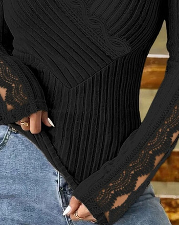 Елегантни блузи за жени 2023 Есен Пролет Секси V-образно деколте Дантелена кръпка Топ с дълъг ръкав Модни женски дрехи Тениски Пуловер