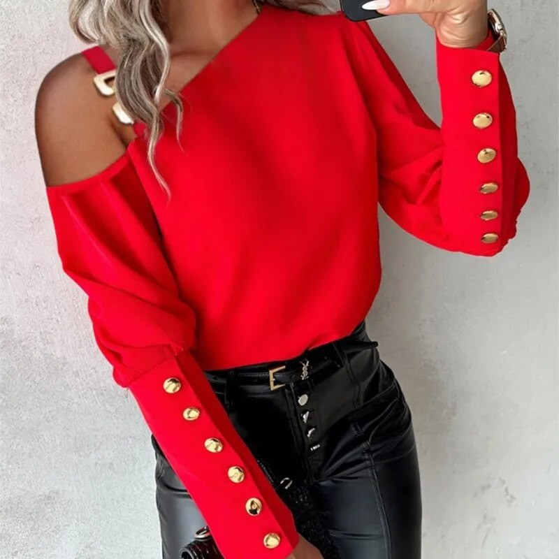 2023 Φθινόπωρο/Χειμώνας μονόχρωμο μεταλλικό κουμπί με κουμπί διαγώνιο ώμο Κομψό πουκάμισο με γιακά γραφείου Γυναικεία απλότητα