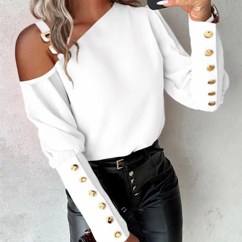 2023 Φθινόπωρο/Χειμώνας μονόχρωμο μεταλλικό κουμπί με κουμπί διαγώνιο ώμο Κομψό πουκάμισο με γιακά γραφείου Γυναικεία απλότητα