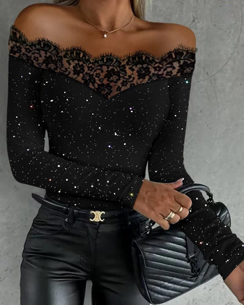 Летни дамски блясък с отворени рамена, дантелена лепенка за мигли Топ 2023 New Femme с дълъг ръкав, ежедневни дамски секси кльощава тениска Streetwear