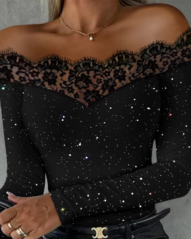Nyári női csillogó vállú szempilla csipkefelső 2023 új női hosszú ujjú, alkalmi női szexi vékony póló utcai ruházat