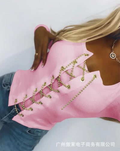 Asimetriški viršutiniai moteriški raišteliai su raišteliais, marškinėliai apvaliu kaklu, ploni marškinėliai Y2k 2023 m. rudens marškinėliai