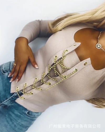 Asimetriški viršutiniai moteriški raišteliai su raišteliais, marškinėliai apvaliu kaklu, ploni marškinėliai Y2k 2023 m. rudens marškinėliai