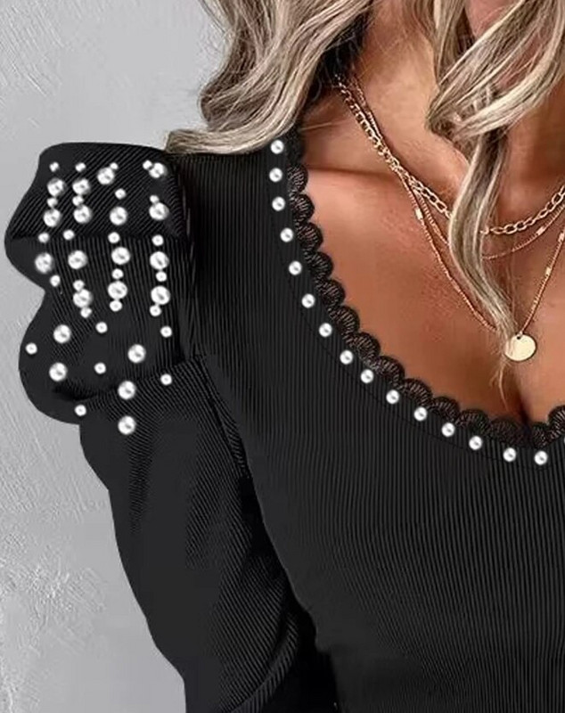 Moteriški marškinėliai, 2023 m. Nauji madingi, parduodami marškinėliai marškinėliai V formos iškirpte, laisvalaikio megztinis, nėriniuotas kraštas Gigoto rankovės temperamento kasdienis viršus