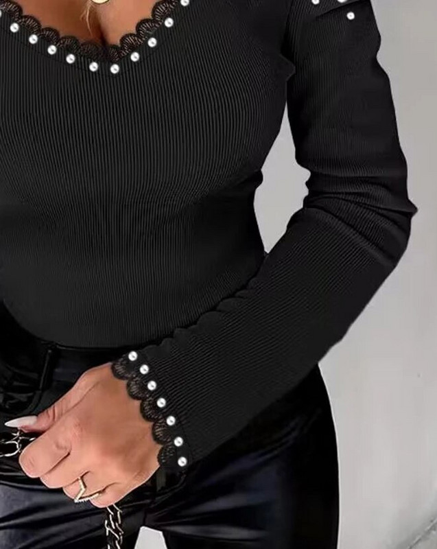 Moteriški marškinėliai, 2023 m. Nauji madingi, parduodami marškinėliai marškinėliai V formos iškirpte, laisvalaikio megztinis, nėriniuotas kraštas Gigoto rankovės temperamento kasdienis viršus