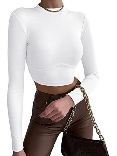 Topuri crop cu mânecă lungă pentru femei, cu mâneci lungi, cu gât turnat, tricou de bază, top 2024, ocazional, pentru damă, tricouuri de iarnă, verde neon, H006