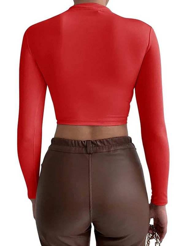 Topuri crop cu mânecă lungă pentru femei, cu mâneci lungi, cu gât turnat, tricou de bază, top 2024, ocazional, pentru damă, tricouuri de iarnă, verde neon, H006