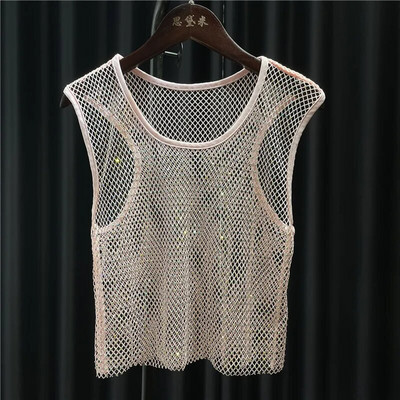 Mrežaste majice s kristalnim dijamantom za žene Mali prsluk, košulja s okruglim ovratnikom, mrežasta majica, uski kroj, skraćeni pupak, kratke ljetne djevojke