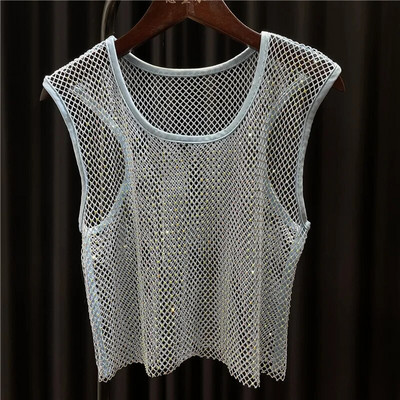 Mrežaste majice s kristalnim dijamantom za žene Mali prsluk, košulja s okruglim ovratnikom, mrežasta majica, uski kroj, skraćeni pupak, kratke ljetne djevojke